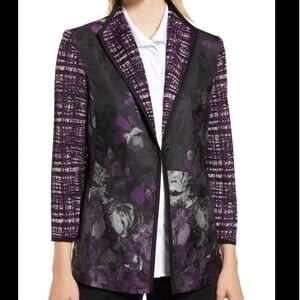 Ming Wang Women's Sz M Purple Floral Jacquard‎ Knit Sleeve Open Front Jacket